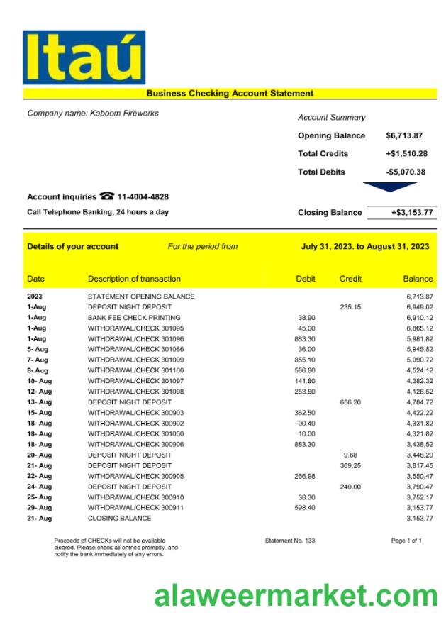 Bank Itaú enterprise account statement Word and PDF template